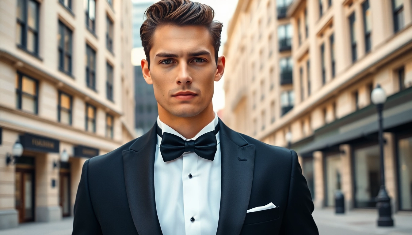Stylishly dressed male model showcasing men's black formal attire in an urban setting.