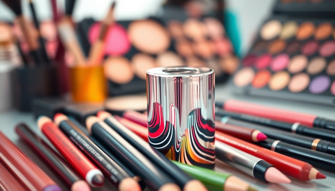 Professional makeup pencil sharpener surrounded by eyeliners and lip pencils on a vanity.
