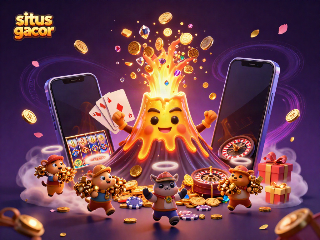 Experience the excitement of situs gacor with a vibrant scene of a golden volcano erupting coins and explorer animals.