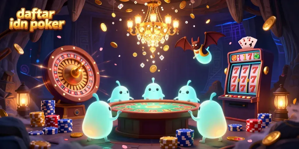 Engage in daftar idn poker with a lively scene featuring glowworms lighting a casino and a bat dealer.