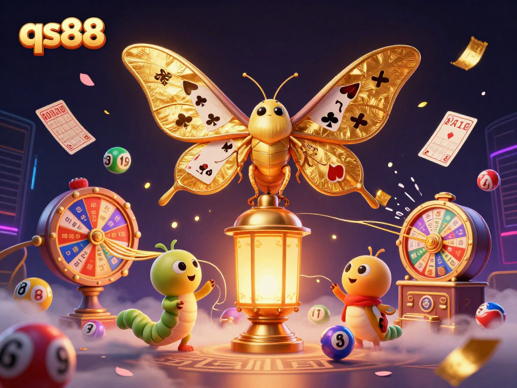 Experience the excitement of qs88 with colorful lottery elements and a majestic moth illustration.