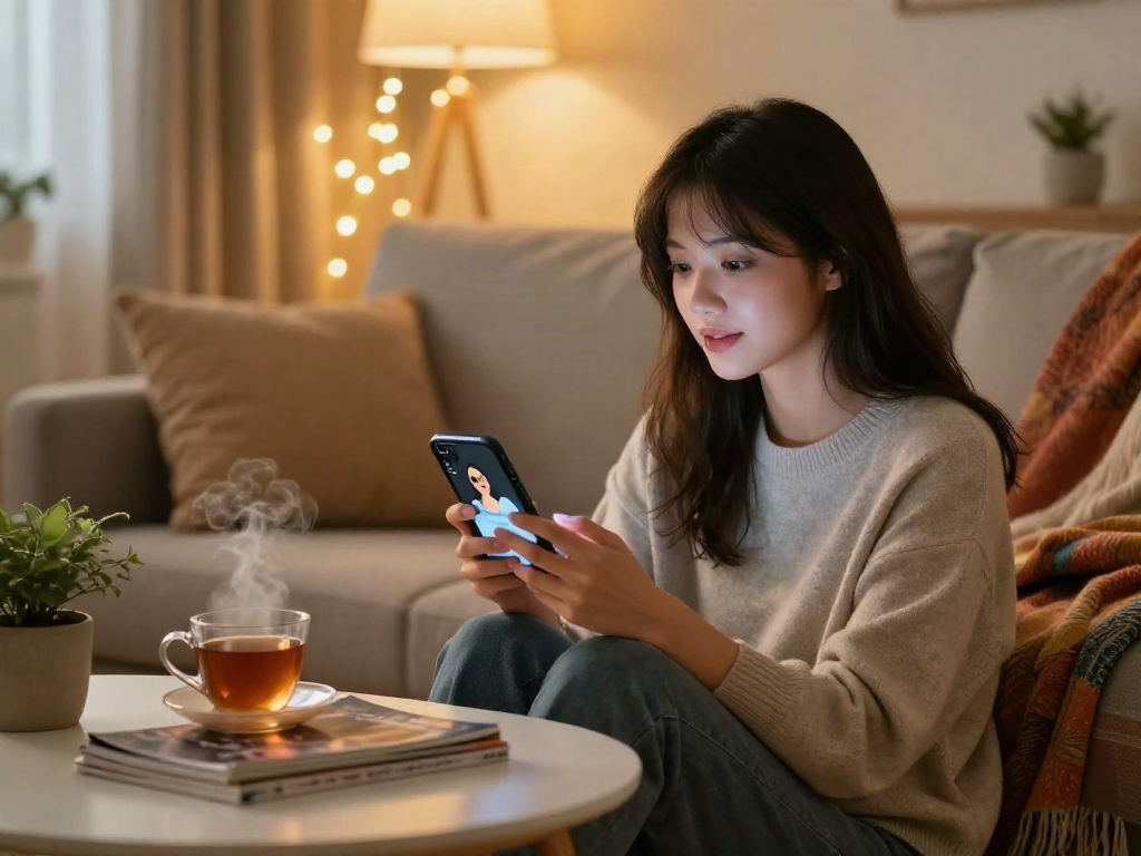 Engaging with girlfriend AI app in a cozy home setting, showcasing modern technology and connection.