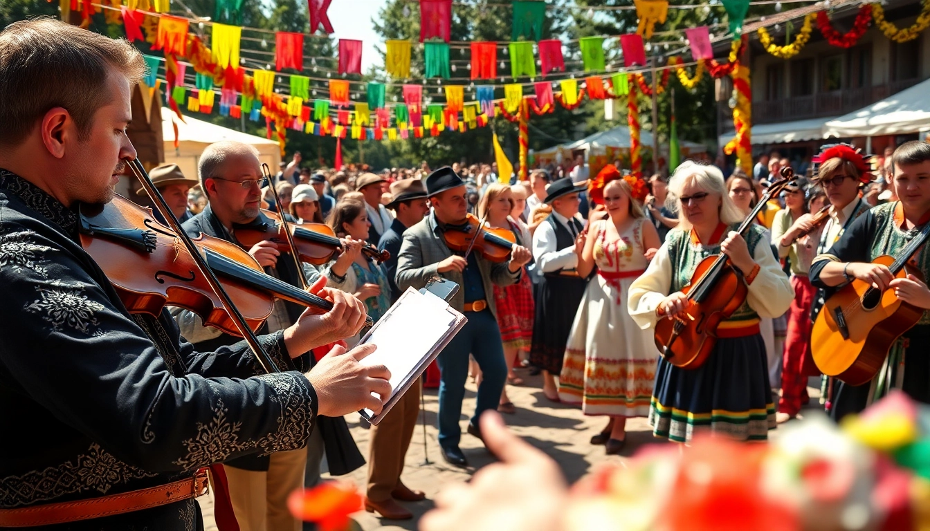 Imersiune in muzica populara, artisti interpretand pe o scena festiva.