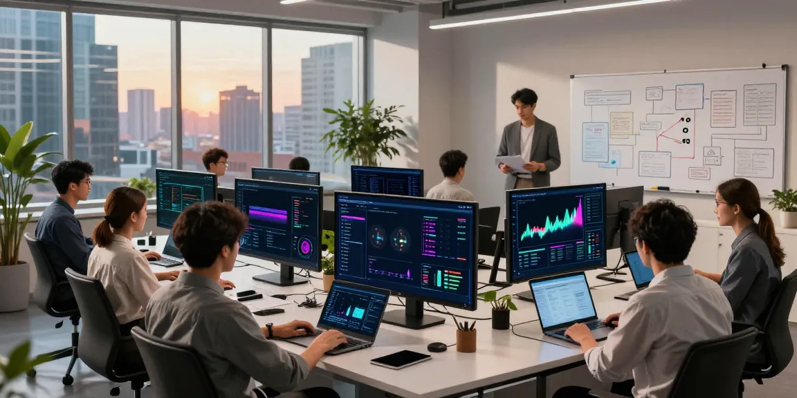 A collaborative team in a high-tech office analyzing the AI Token Economy with dynamic digital displays and a city view.