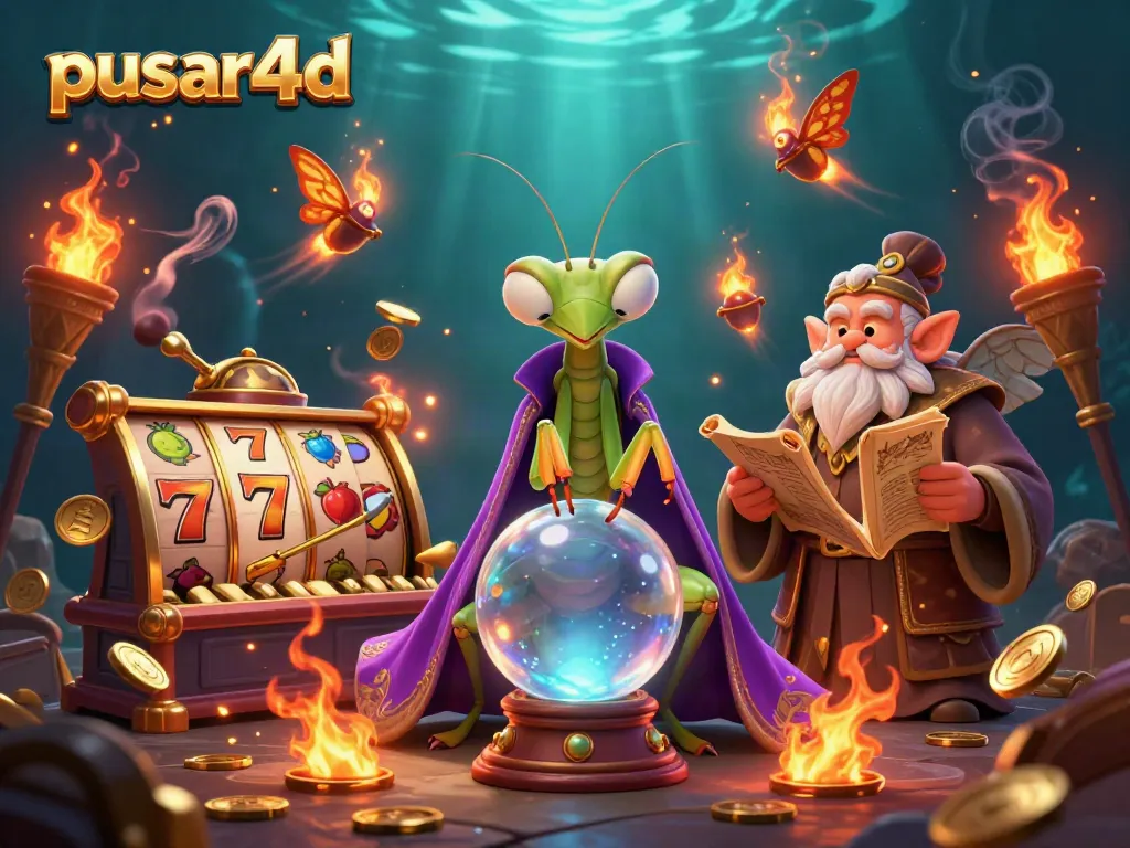 Experience the excitement of pusar4d slots with a vibrant 3D fortune teller scene filled with mystical elements and dynamic game icons.