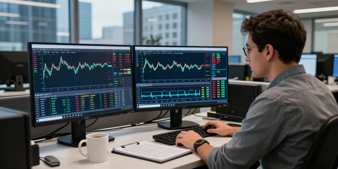 Trader using MetaTrader 5 on dual monitors in a dynamic finance office.