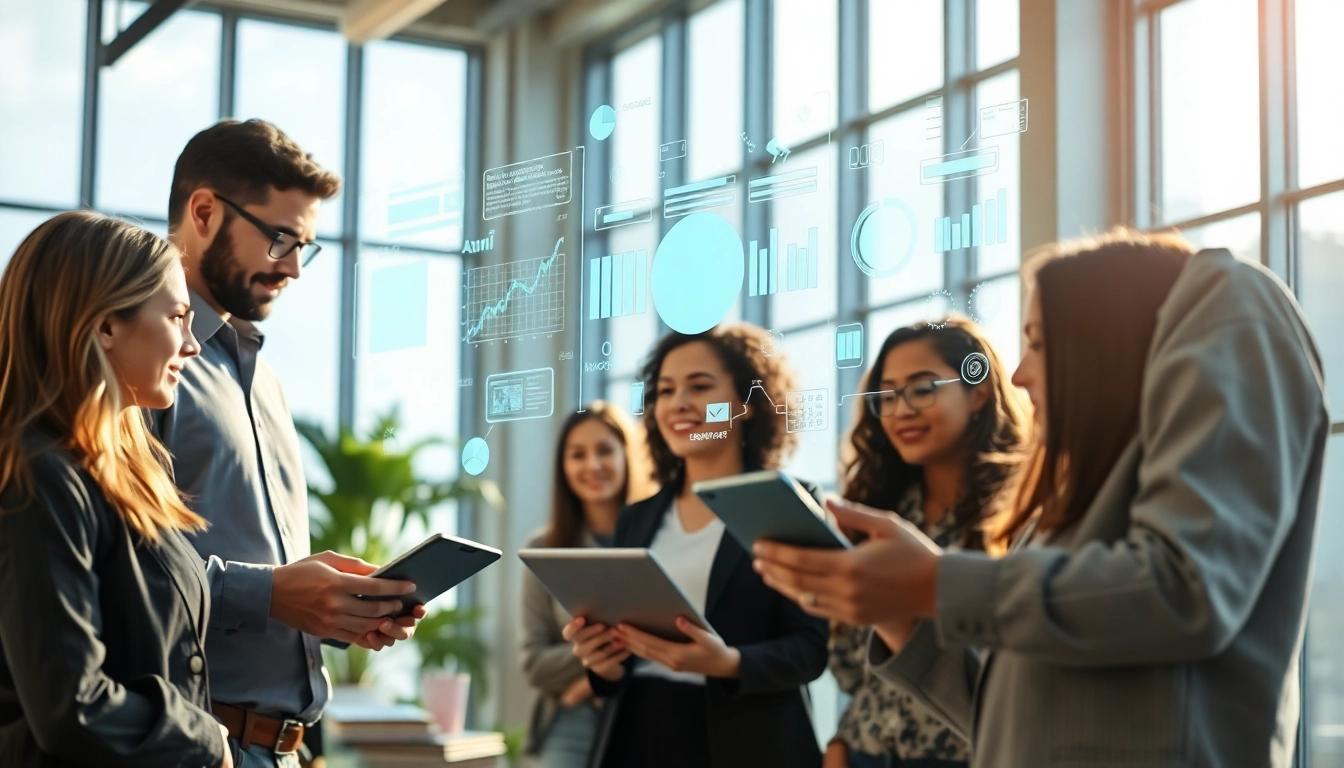 AI Bots assisting professionals in a bright office, showcasing teamwork and innovation.