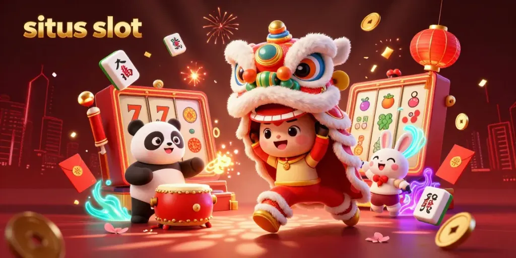 Permainan situs slot penuh warna dengan karakter unik, menarik taruhan dan simbol keberuntungan.