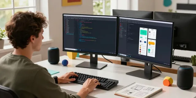 Developer coding Android applications in a vibrant tech workspace featuring dual monitors and creative elements, emphasizing 2113 Apps.