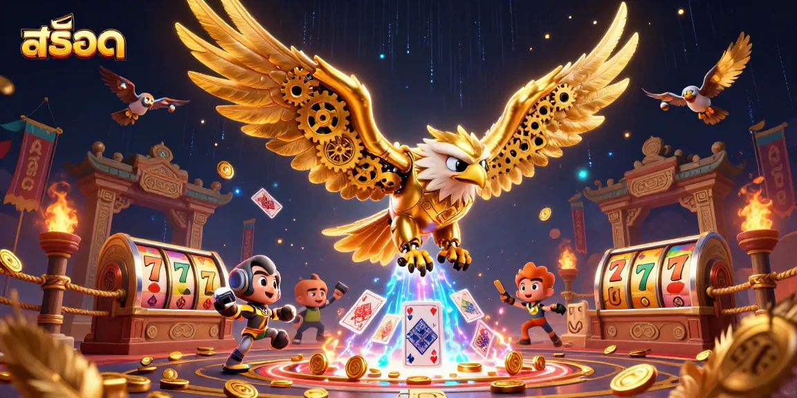 Experience thrilling สล็อต action with a cybernetic eagle surrounded by vibrant casino elements.