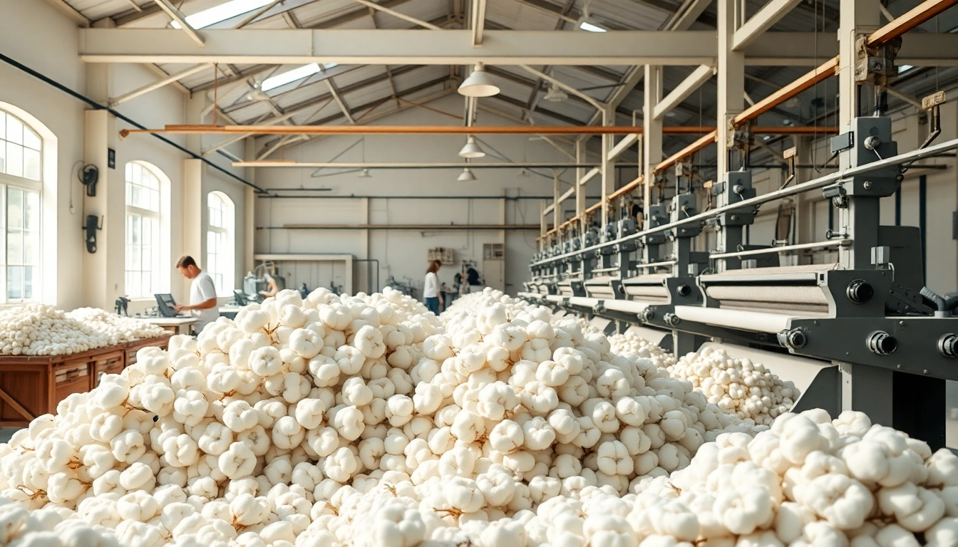 Katoen productie in een heldere werkplaats met textielmachines en ruwe katoen.