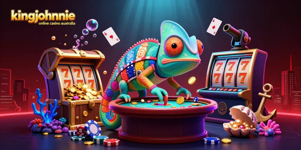 Experience the excitement of kingjohnnie online casino Australia with vibrant 3D chameleon casino owner.