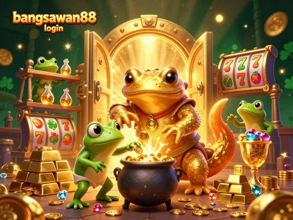 Enjoy winning strategies with bangsawan88 login in a vibrant 3D casino scene filled with treasures.