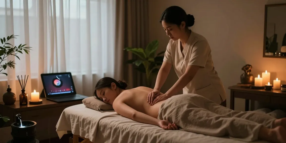 스웨디시 마사지 중인 전문가와 아늑한 마사지 공간
