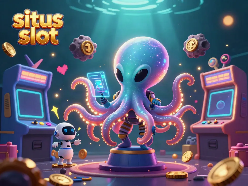 Menangkan hadiah besar di situs slot dengan alien gurita yang mengoperasikan mesin slot holografik.