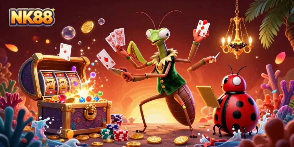 Join the action with NK88 as a card sharp deals cards in a vibrant casino scene filled with treasures.
