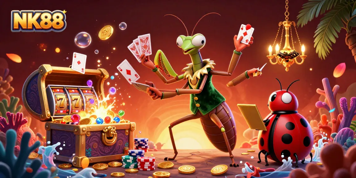 Join the action with NK88 as a card sharp deals cards in a vibrant casino scene filled with treasures.