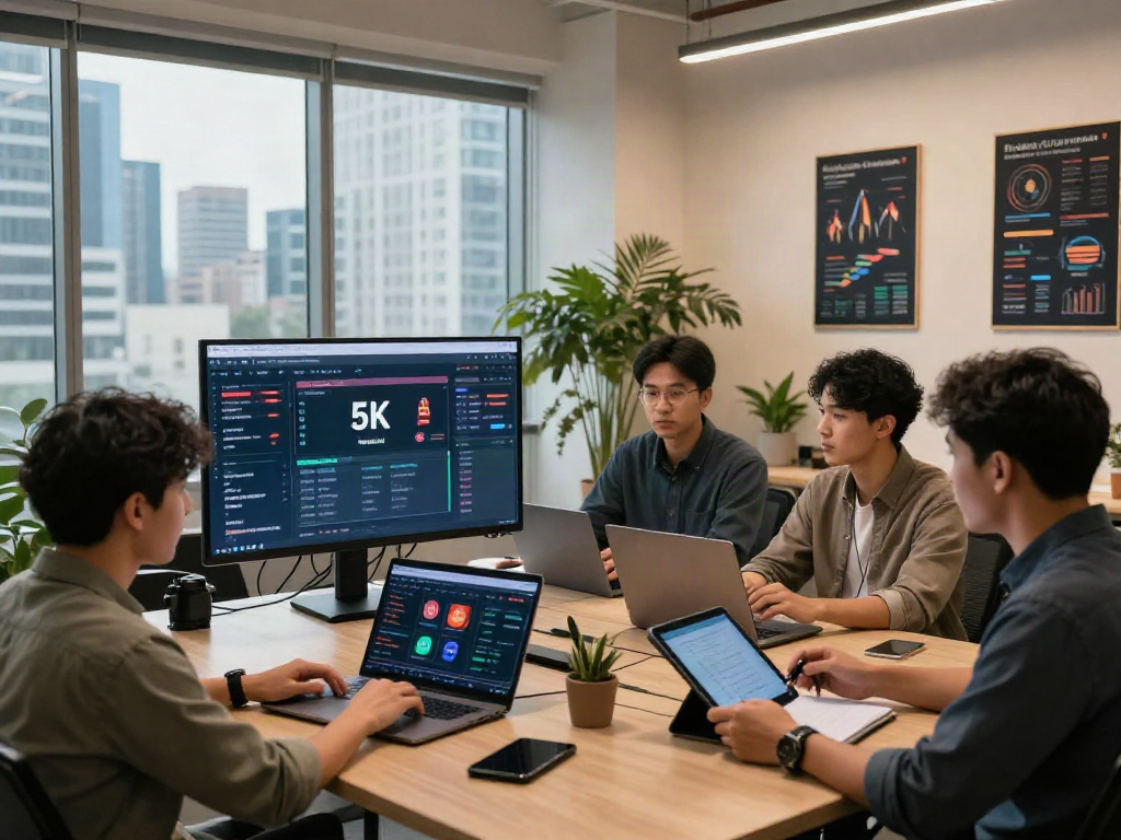 Team analyzing slot deposit qris 5k trends in modern fintech office
