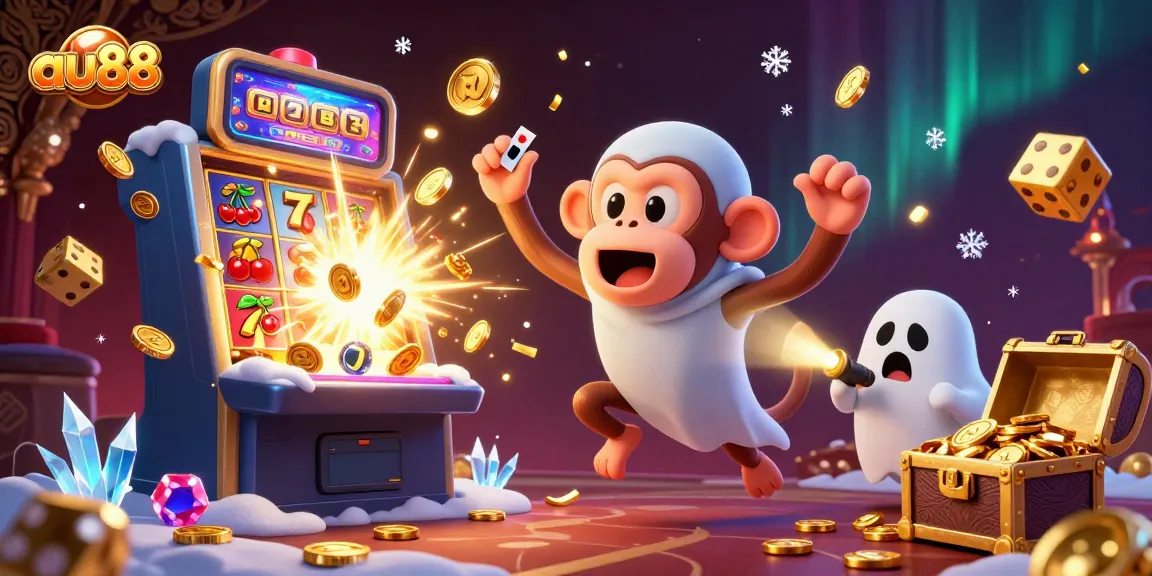 Experience the thrill of au88 with a haunted casino scene featuring a mischievous monkey juggling golden items and a curious ghost-hunter puppy.
