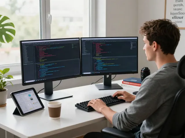 Brave developer coding in a modern workspace filled with tech tools.