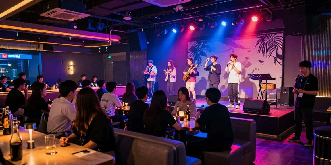 인천쓰리노 클럽의 생동감 넘치는 저녁 풍경, 음악을 즐기는 사람들과 공연자가 있는 모습