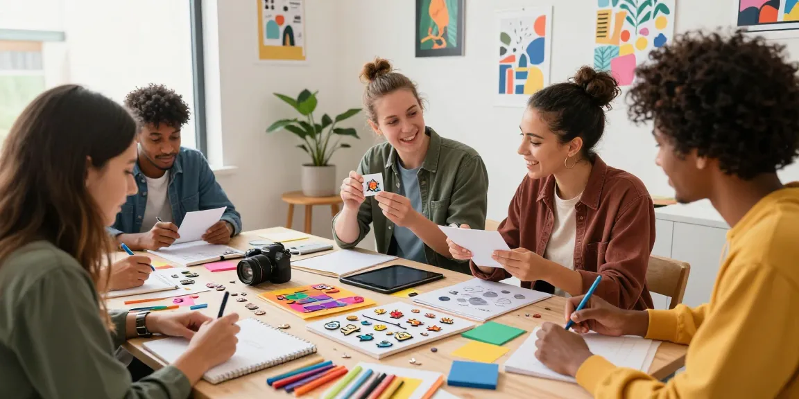Engaged team designing custom pins in a bright creative workshop atmosphere with art supplies and joyful collaboration.