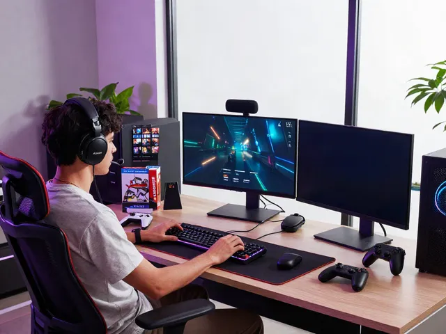 G15Tools gaming and technology workspace featuring monitors, accessories, and vibrant environment.