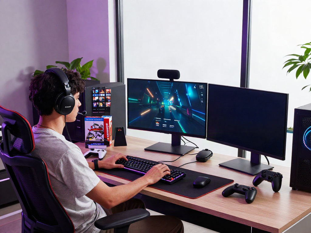 G15Tools gaming and technology workspace featuring monitors, accessories, and vibrant environment.