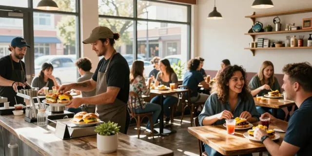 Breakfast near me (Austin Texas area) featuring NYC-inspired sandwiches and cheerful atmosphere in a vibrant café.