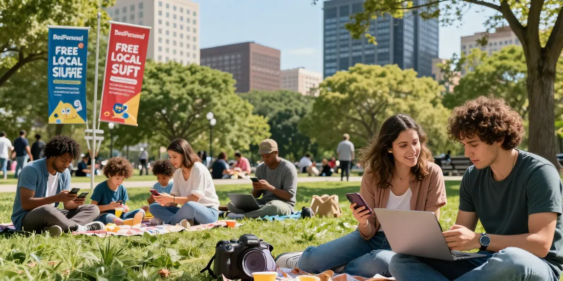 Community members using BedPersonal for local classifieds in a vibrant park.