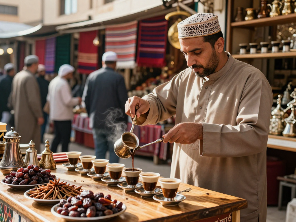 قهوجيين وصبابين في مقهى تقليدي يجسد الثقافة العربية مع تقديم القهوة الأصيلة.
