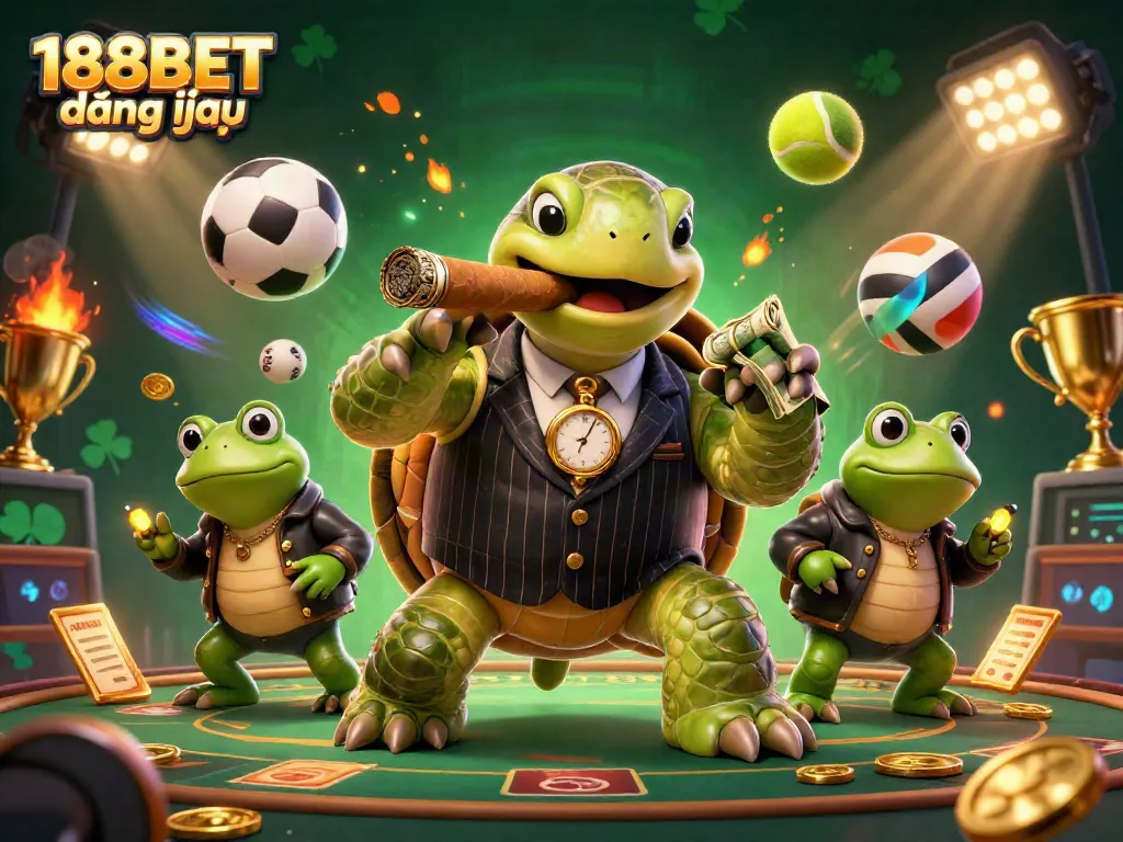 Experience thrilling 188BET đăng nhập gaming with a vibrant casino scene featuring a mobster turtle and bullfrog enforcers.
