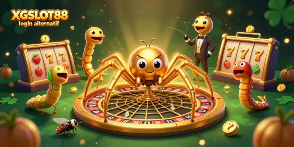 Visualisasi promo "XGSLOT88 login alternatif", menggoda pemain dengan slot, laba-laba emas dan simbol keberuntungan.