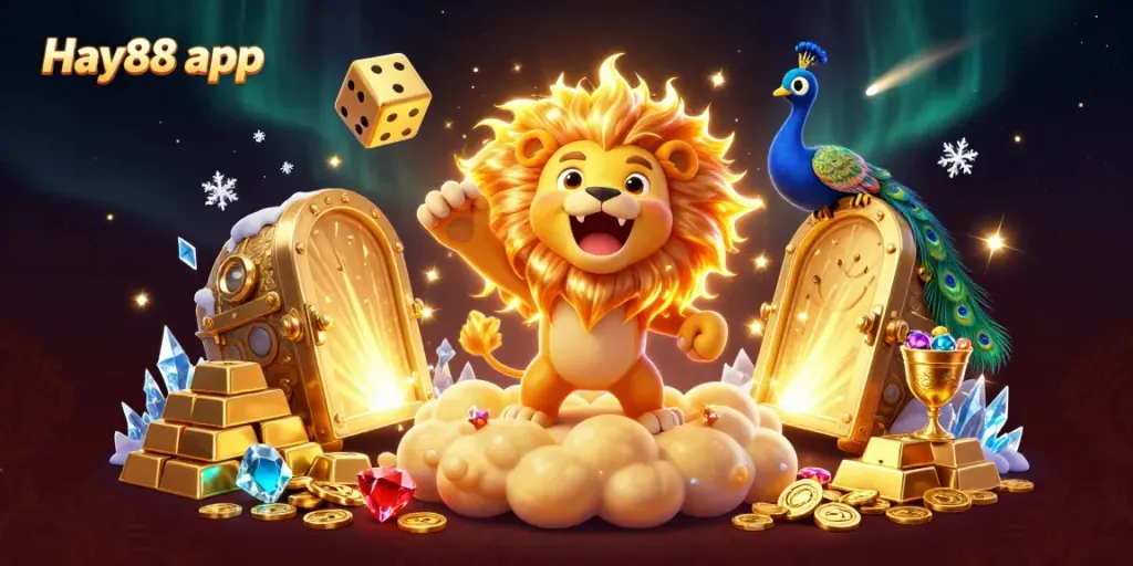 Experience the Hay88 app with a vibrant 3D scene showcasing a roaring lion and dazzling elements.