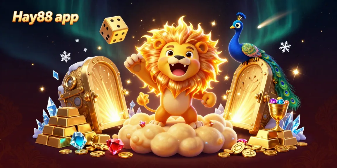 Experience the Hay88 app with a vibrant 3D scene showcasing a roaring lion and dazzling elements.