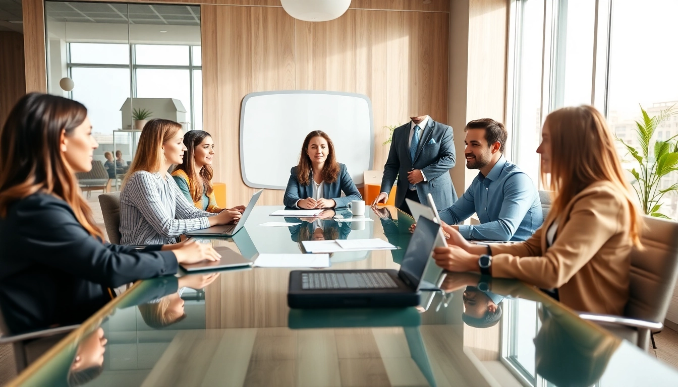 A sales coordinator facilitates a team meeting in a modern office, promoting collaboration and efficiency.