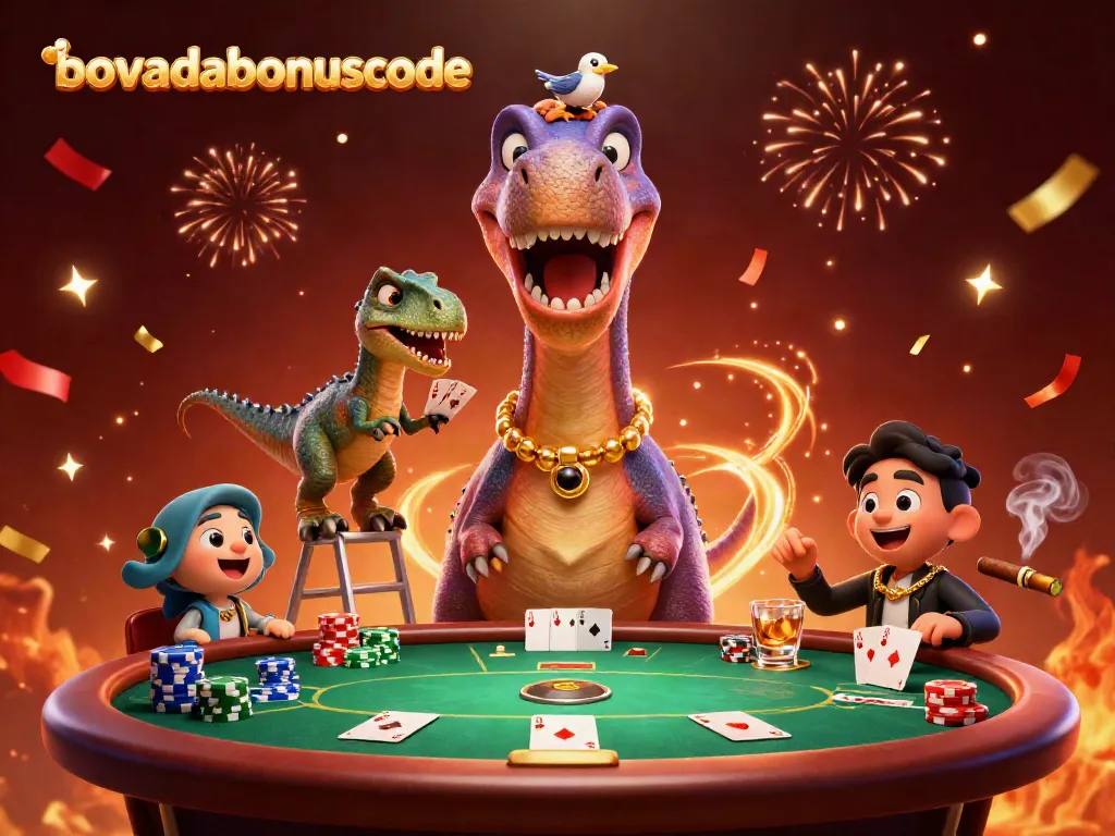 Experience exciting gameplay with bovadabonuscode amid a dynamic poker scene featuring a towering dinosaur.