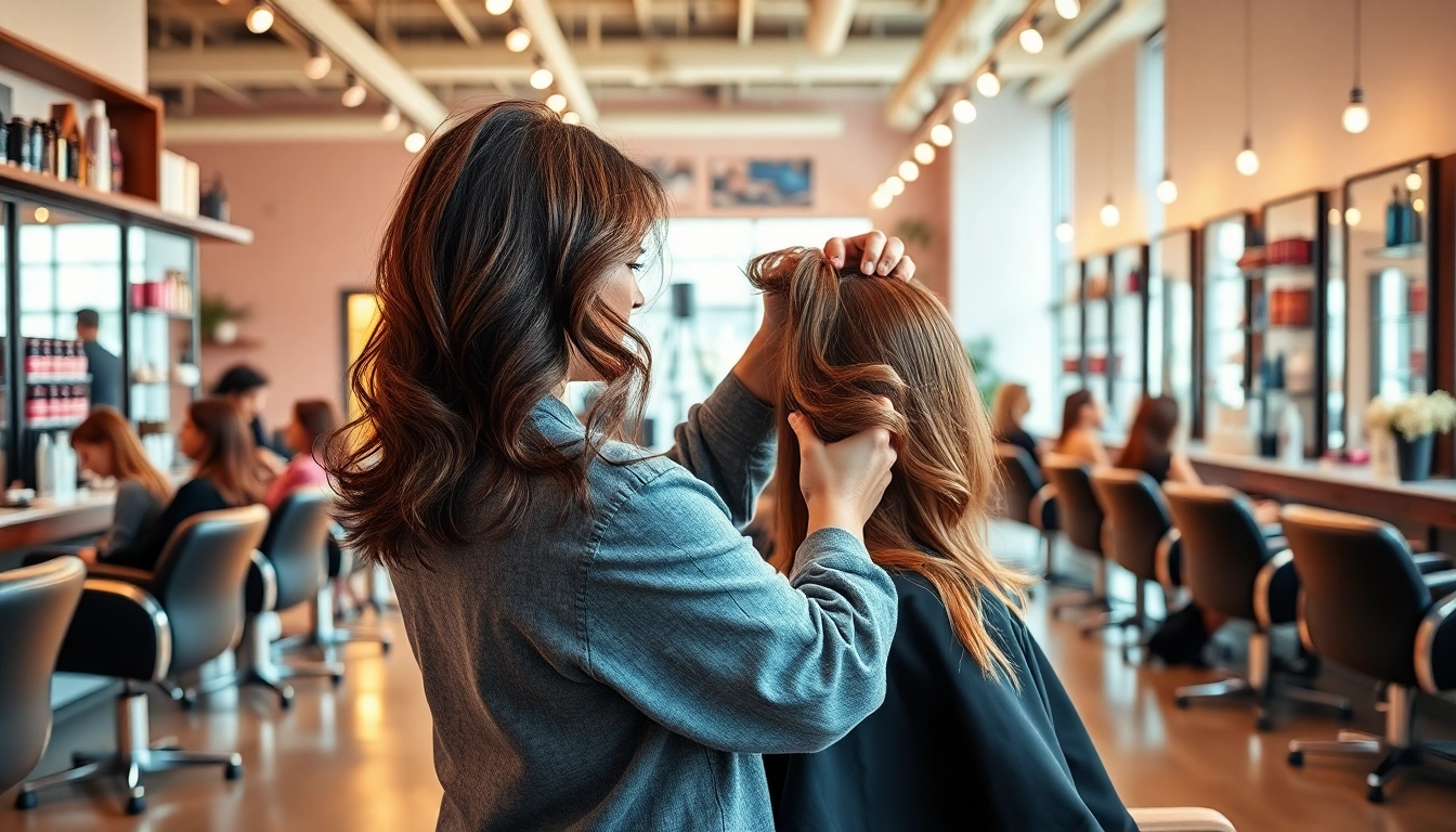 Creative award winning hair stylists mastering their craft in a chic salon.