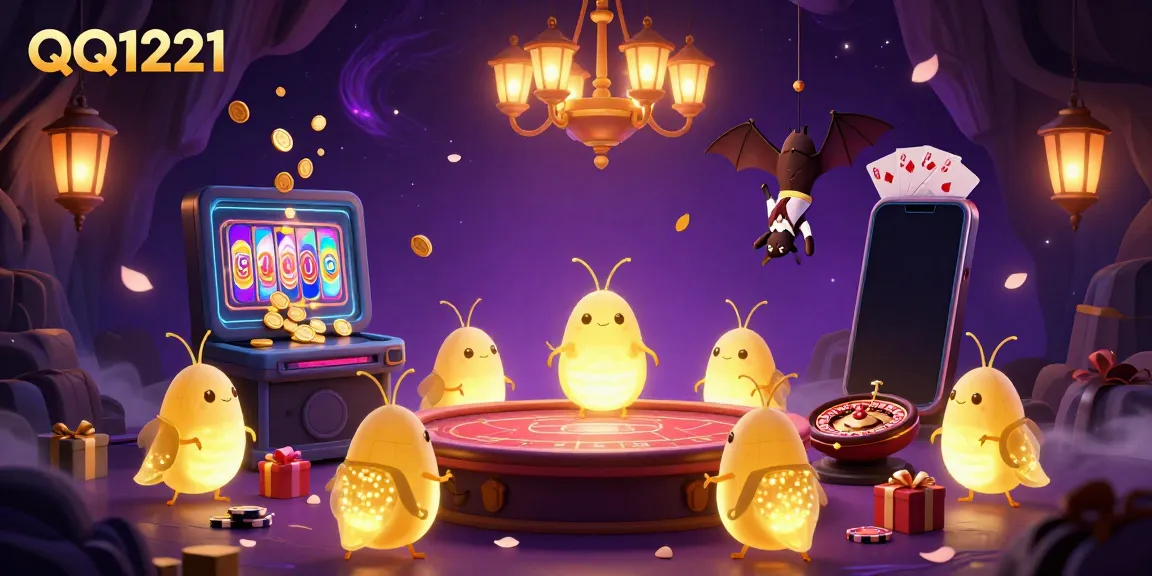 Experience QQ1221's vibrant casino atmosphere with glowing glowworms and a bat dealer in action.