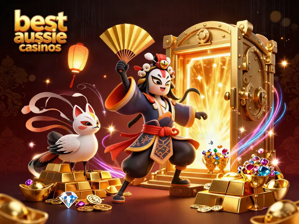 Experience the excitement of the best aussie online casinos with this vivid illustration featuring kabuki warrior and lavish treasures.