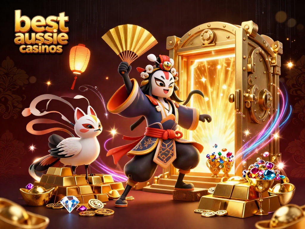 Experience the excitement of the best aussie online casinos with this vivid illustration featuring kabuki warrior and lavish treasures.