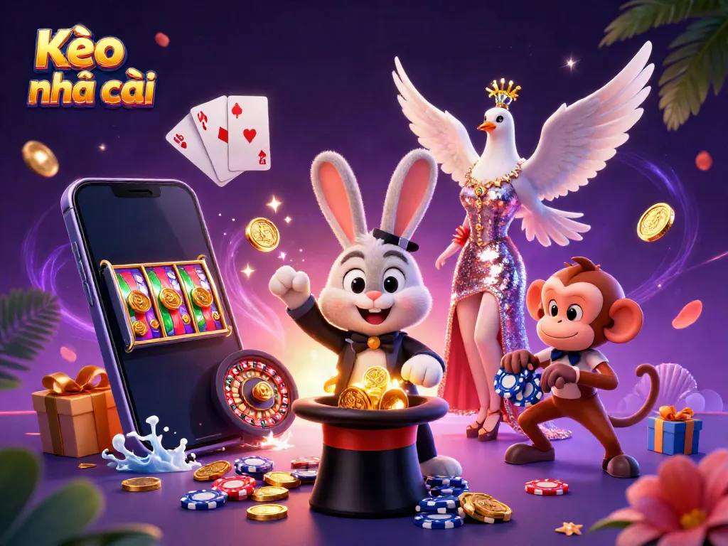 Experience thrilling Kèo nhà cái magic with a cartoon magician rabbit pulling in golden coins amidst vivid 3D casino elements.