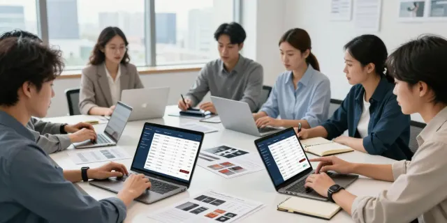 Sales team collaborating using product quoting software in modern office