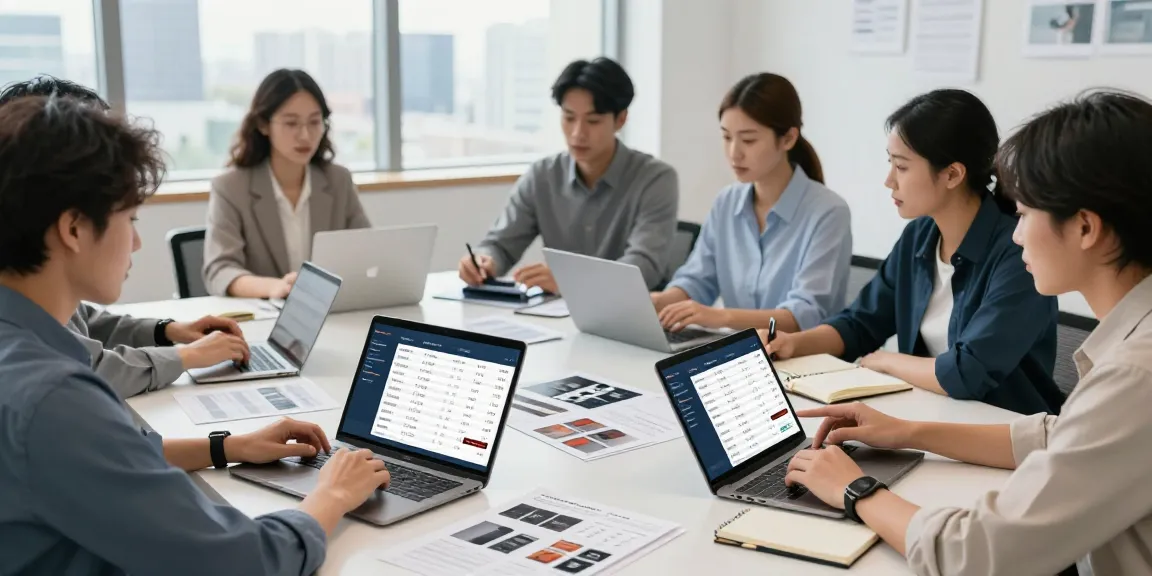 Sales team collaborating using product quoting software in modern office