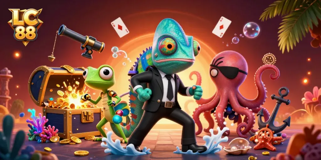 Experience the thrilling world of LC 88 with a vibrant casino-themed illustration showcasing a secret agent chameleon and friends.