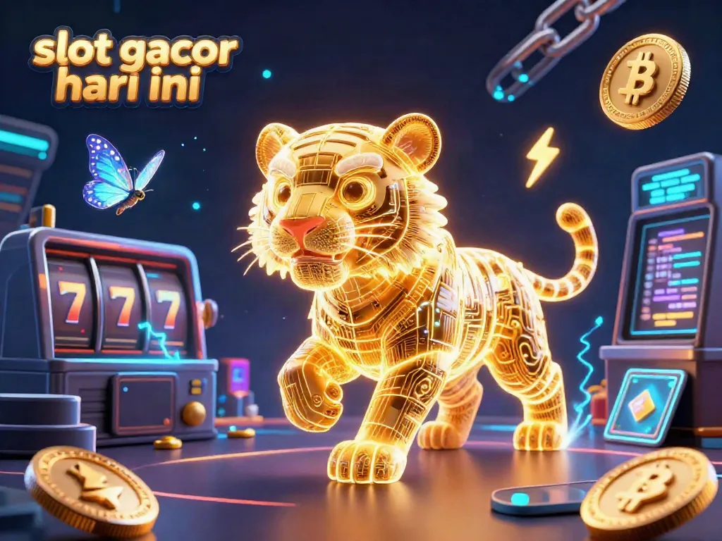 Experience excitement with slot gacor hari ini in a neon-lit casino featuring a golden tiger amidst digital treasures.