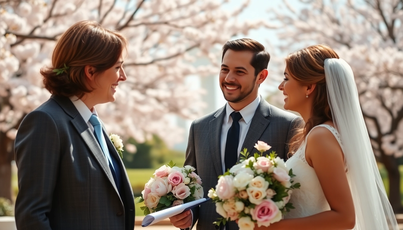 Engaging scene of Washington dc wedding coordinator assisting a couple amidst cherry blossoms.