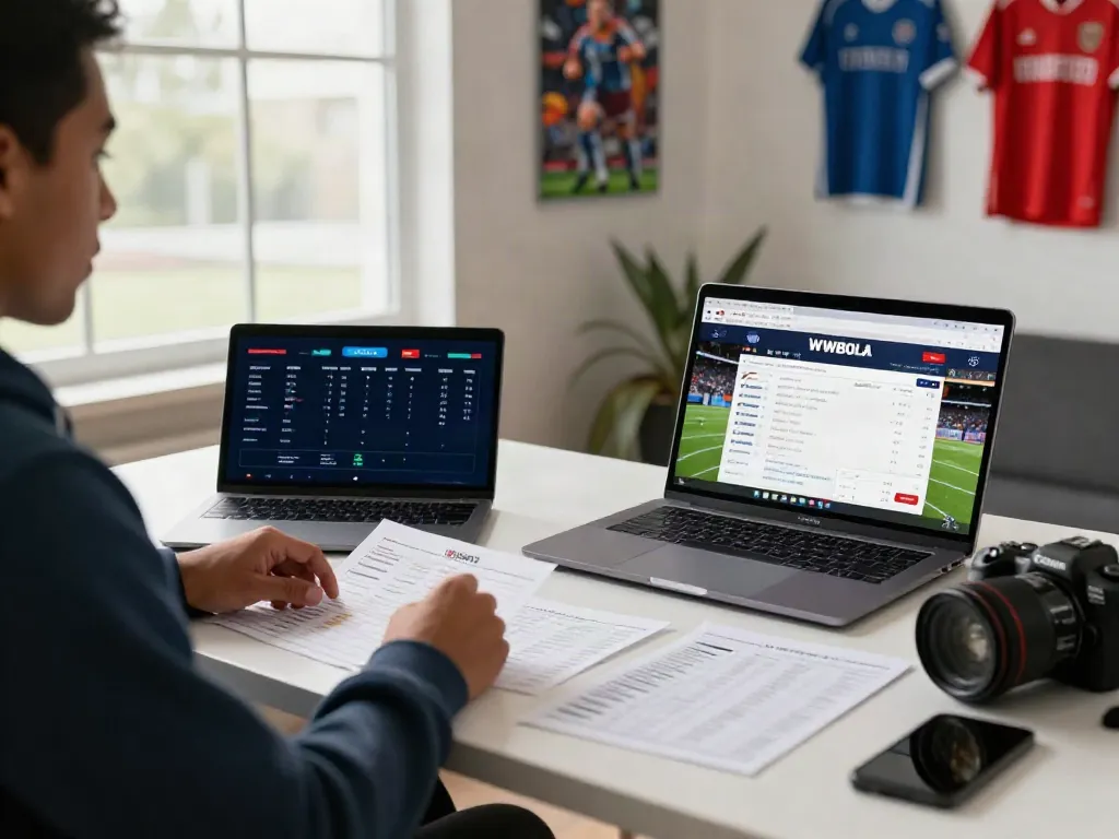 Person using WWBOLA platform for sports betting in a bright room with jerseys and motivational posters.