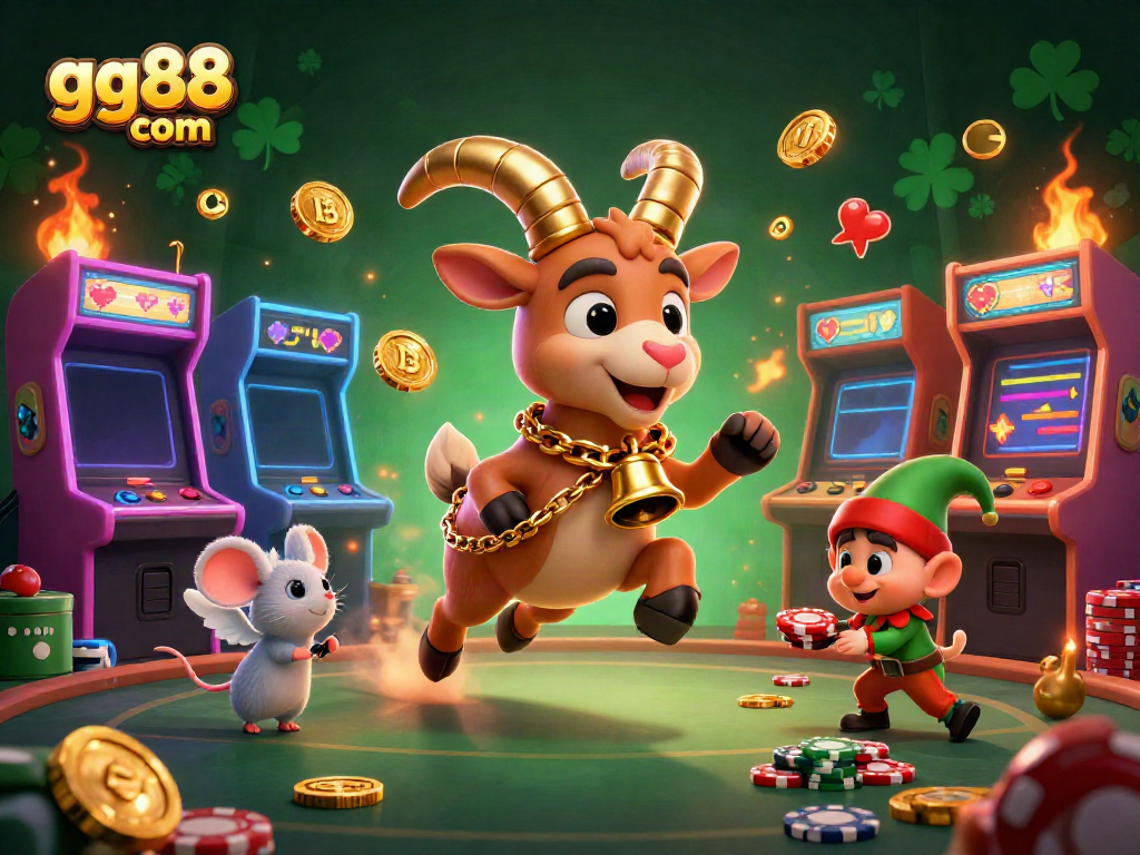 Delve into the lively atmosphere of gg88 com with a vibrant casino scene, showcasing festive characters and gaming elements.