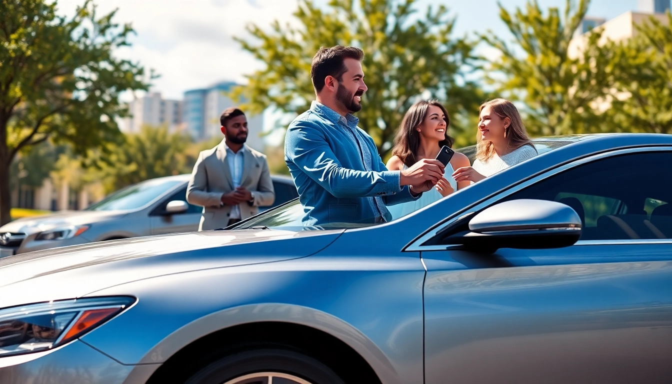 Buy New Car with a happy couple receiving keys from a salesman in an urban setting.